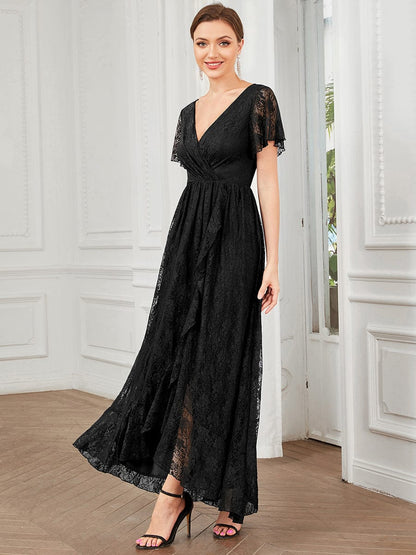 Elegant A-Line Evening Gown with Deep V Neck and Sheer Sleeves