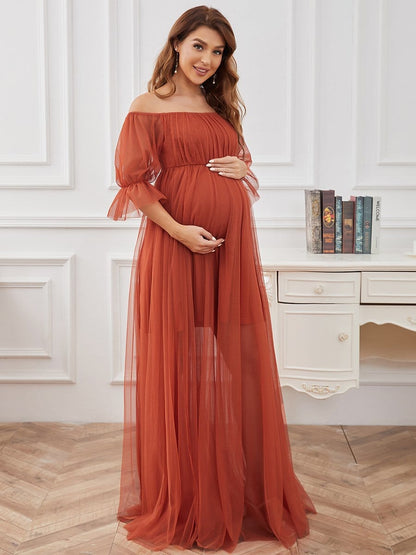 Elegant A-Line Maternity Dress with Short Puff Sleeves