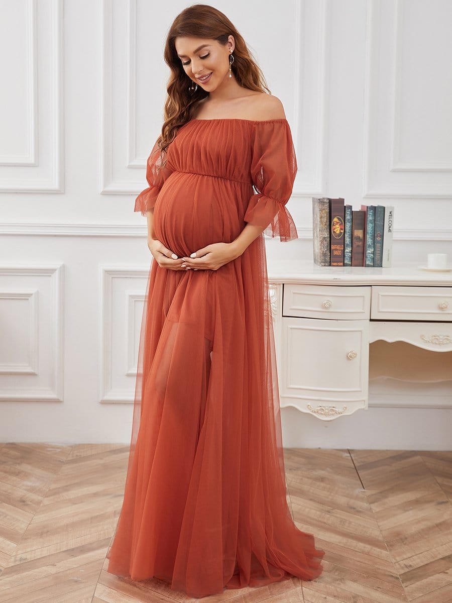 Elegant A-Line Maternity Dress with Short Puff Sleeves