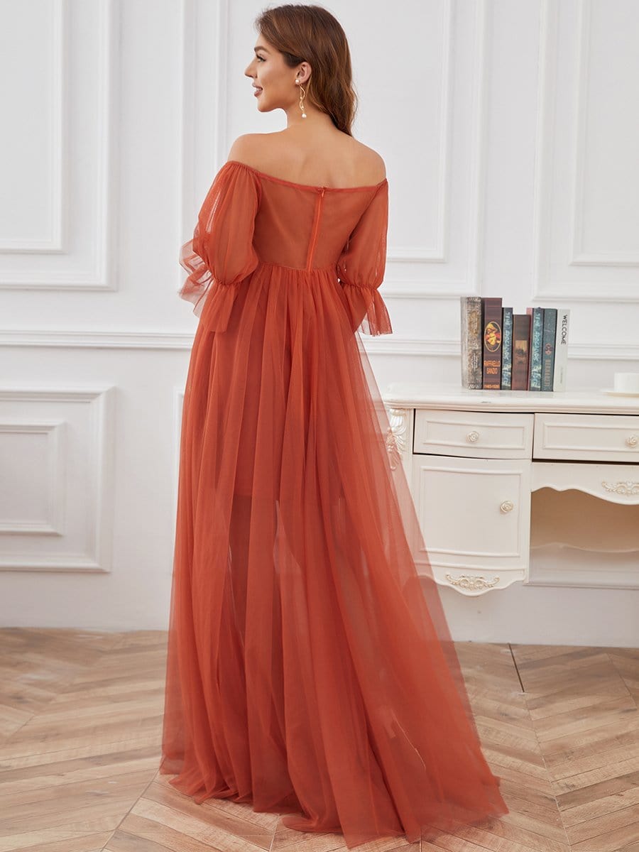 Elegant A-Line Maternity Dress with Short Puff Sleeves