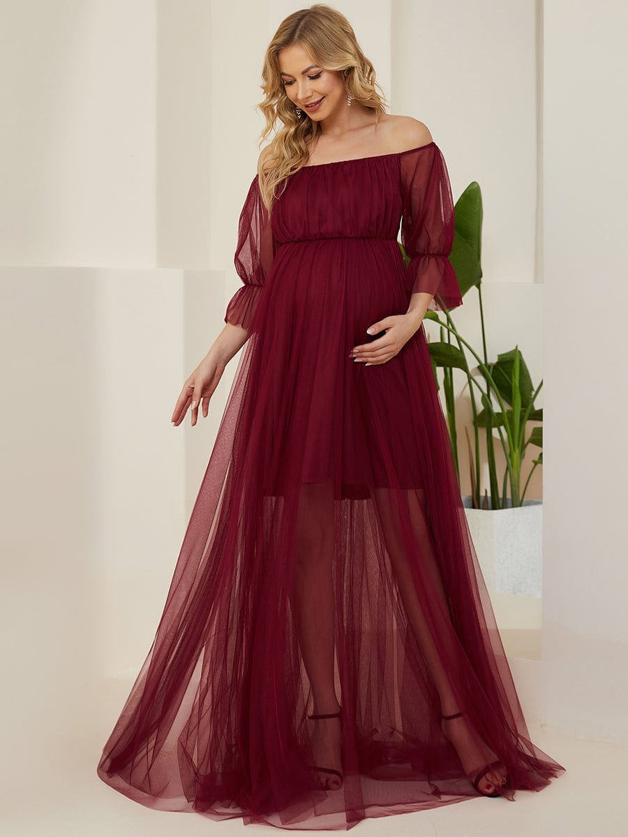 Elegant A-Line Maternity Dress with Short Puff Sleeves