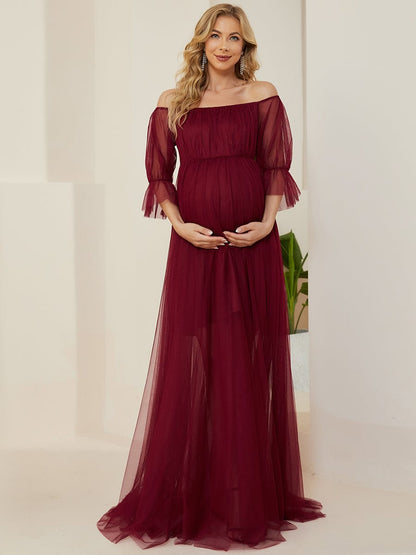 Elegant A-Line Maternity Dress with Short Puff Sleeves