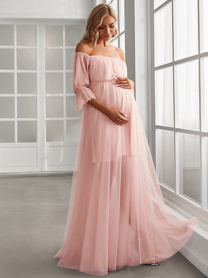 Elegant A-Line Maternity Dress with Short Puff Sleeves