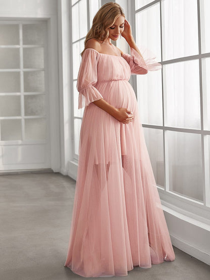 Elegant A-Line Maternity Dress with Short Puff Sleeves