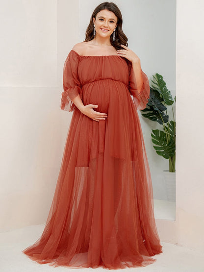 Elegant A-Line Maternity Dress with Short Puff Sleeves