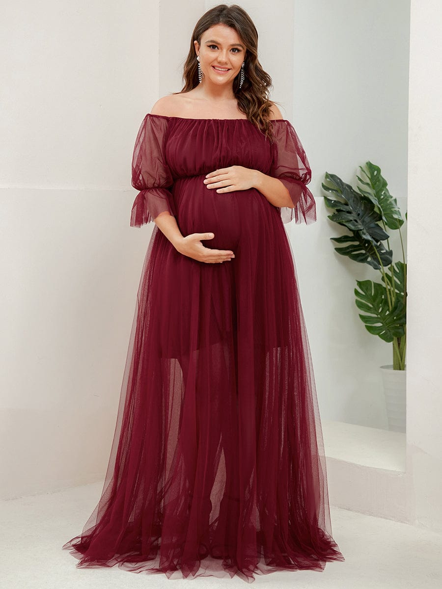 Elegant A-Line Maternity Dress with Short Puff Sleeves