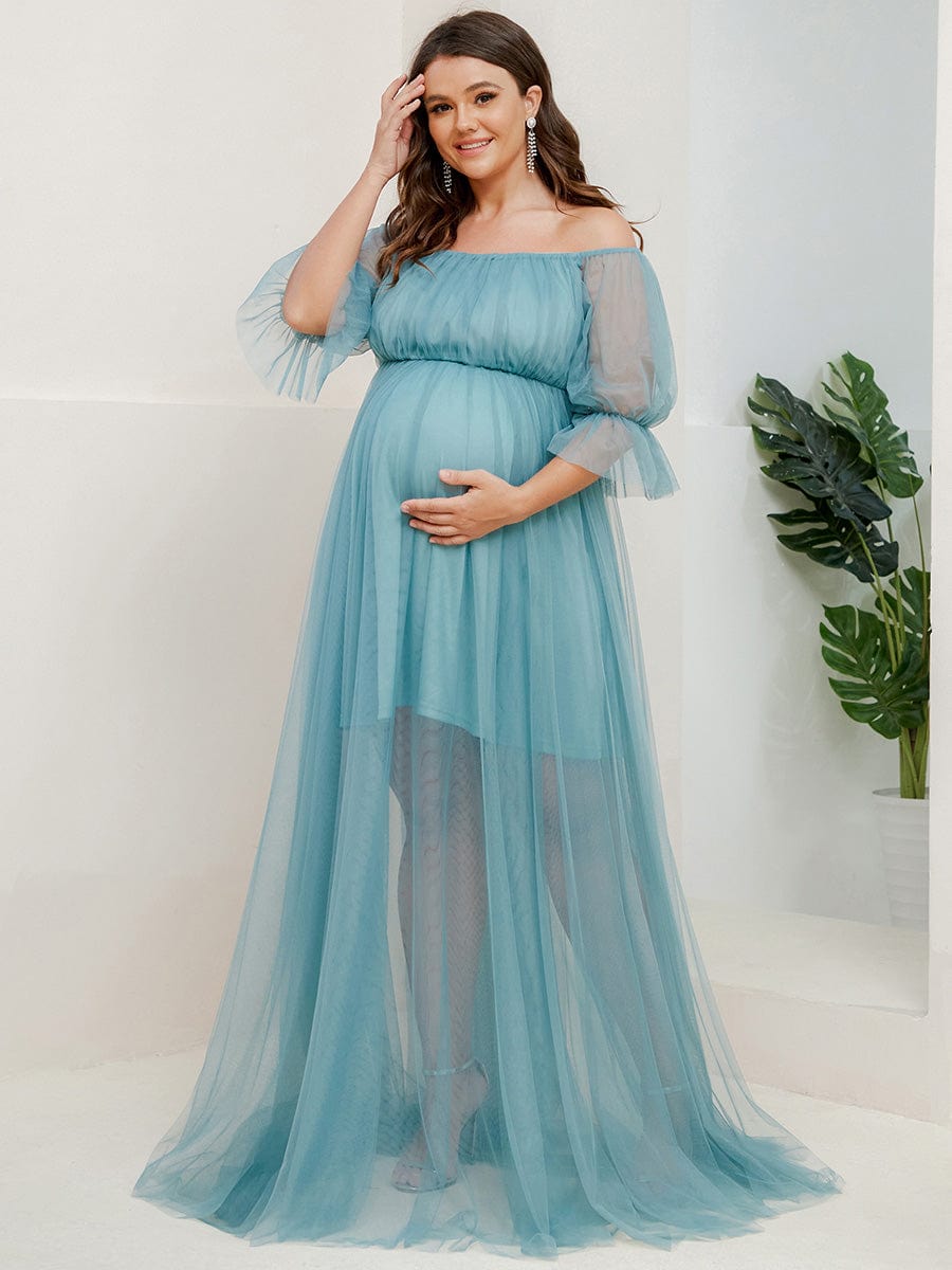 Elegant A-Line Maternity Dress with Short Puff Sleeves