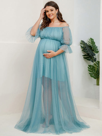 Elegant A-Line Maternity Dress with Short Puff Sleeves