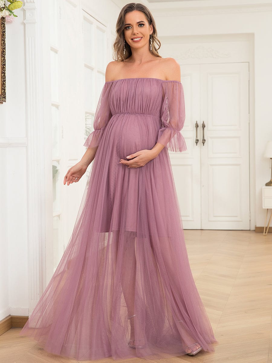 Elegant A-Line Maternity Dress with Short Puff Sleeves
