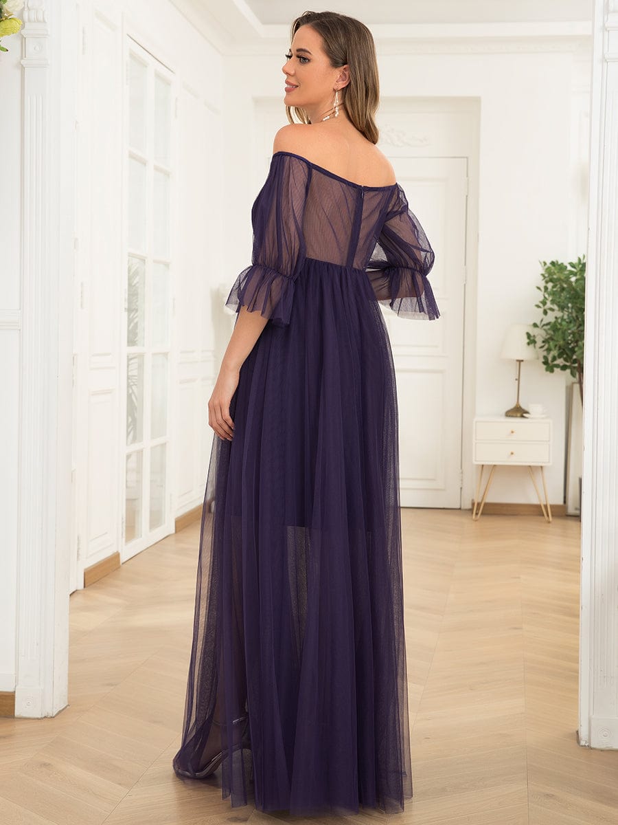 Elegant A-Line Maternity Dress with Short Puff Sleeves