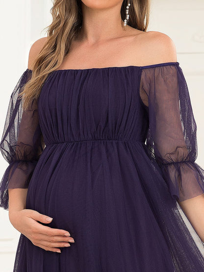 Elegant A-Line Maternity Dress with Short Puff Sleeves