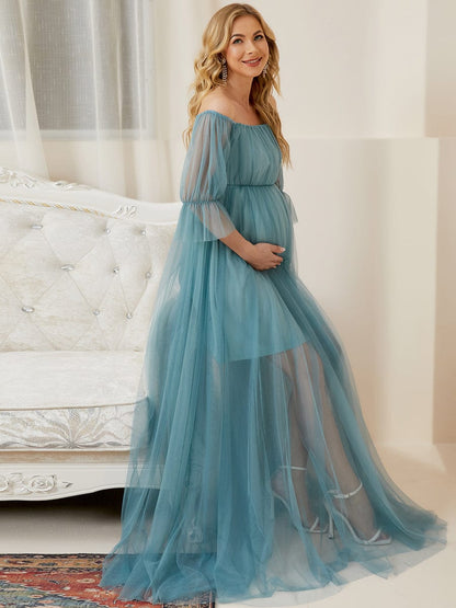 Elegant A-Line Maternity Dress with Short Puff Sleeves