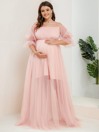 Elegant A-Line Maternity Dress with Short Puff Sleeves