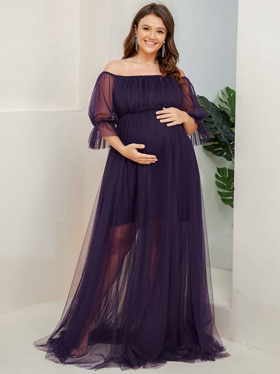 Elegant A-Line Maternity Dress with Short Puff Sleeves