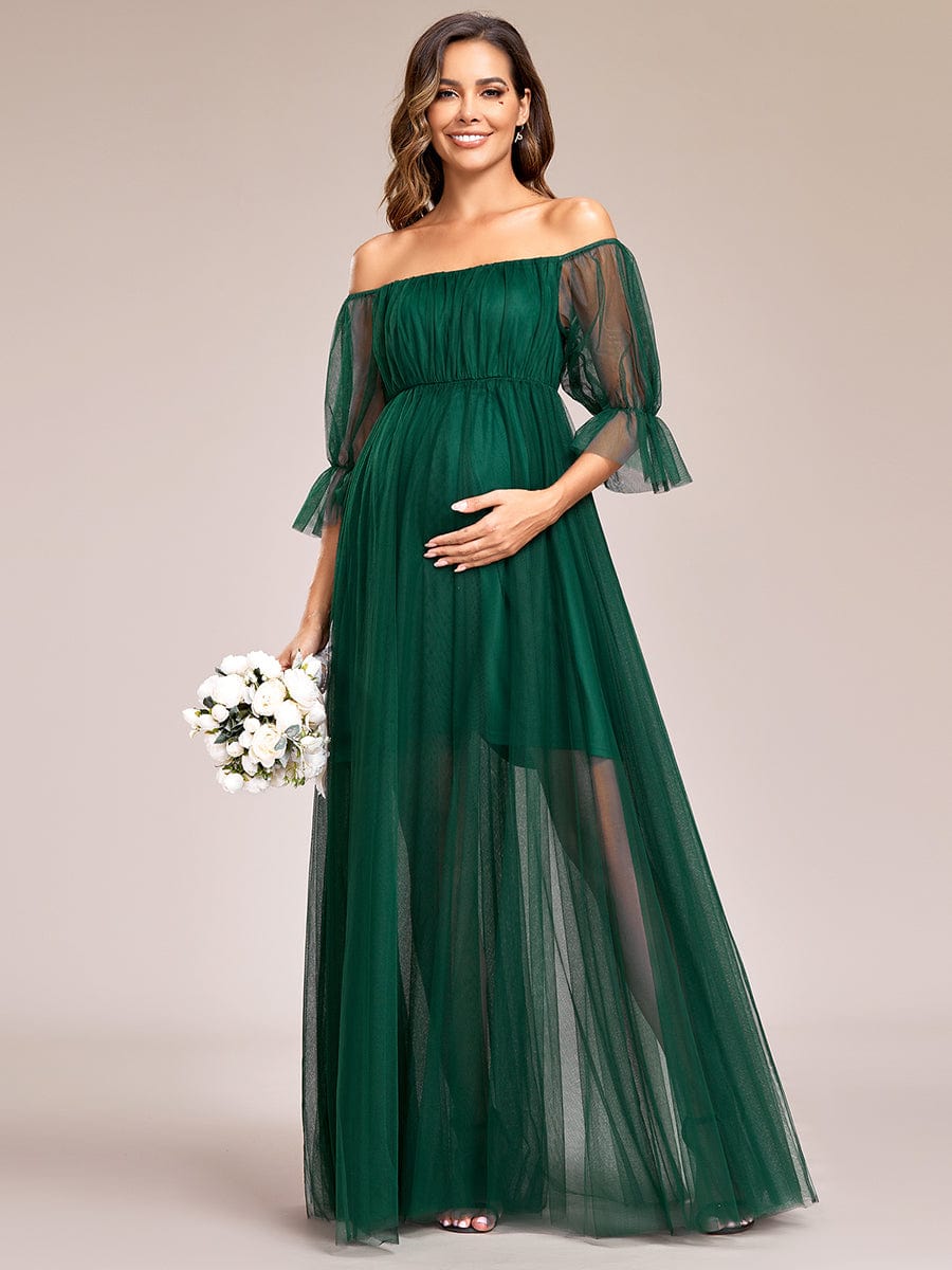 Elegant A-Line Maternity Dress with Short Puff Sleeves