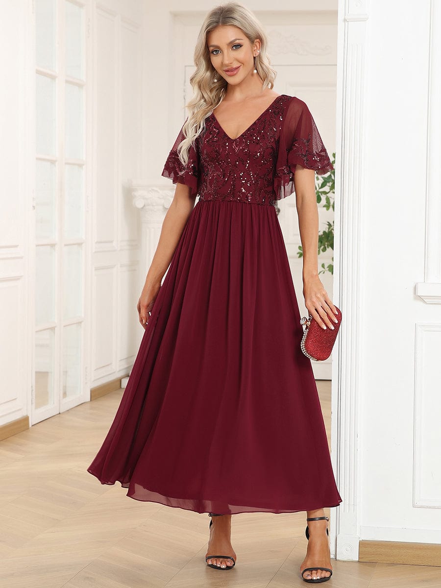 Elegant A-Line V Neck Mother of the Bride Dress with Short Ruffles Sleeves