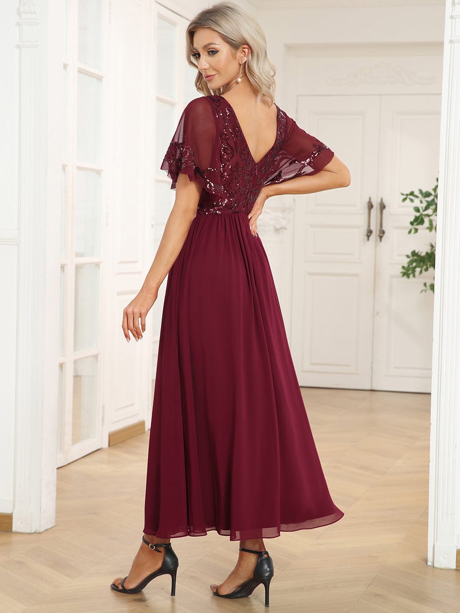 Elegant A-Line V Neck Mother of the Bride Dress with Short Ruffles Sleeves