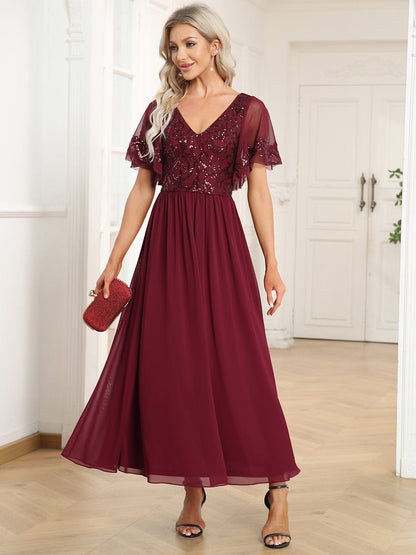 Elegant A-Line V Neck Mother of the Bride Dress with Short Ruffles Sleeves