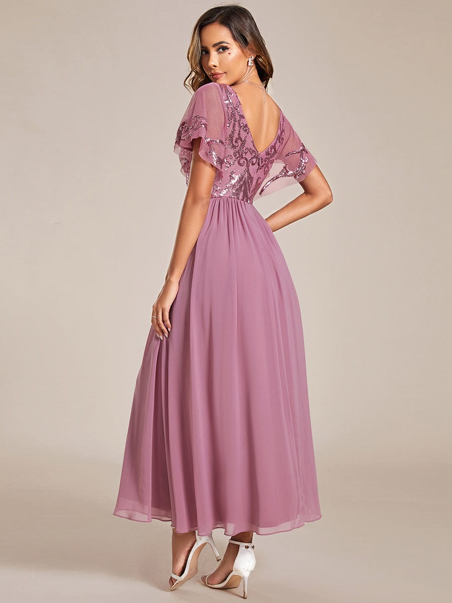 Elegant A-Line V Neck Mother of the Bride Dress with Short Ruffles Sleeves