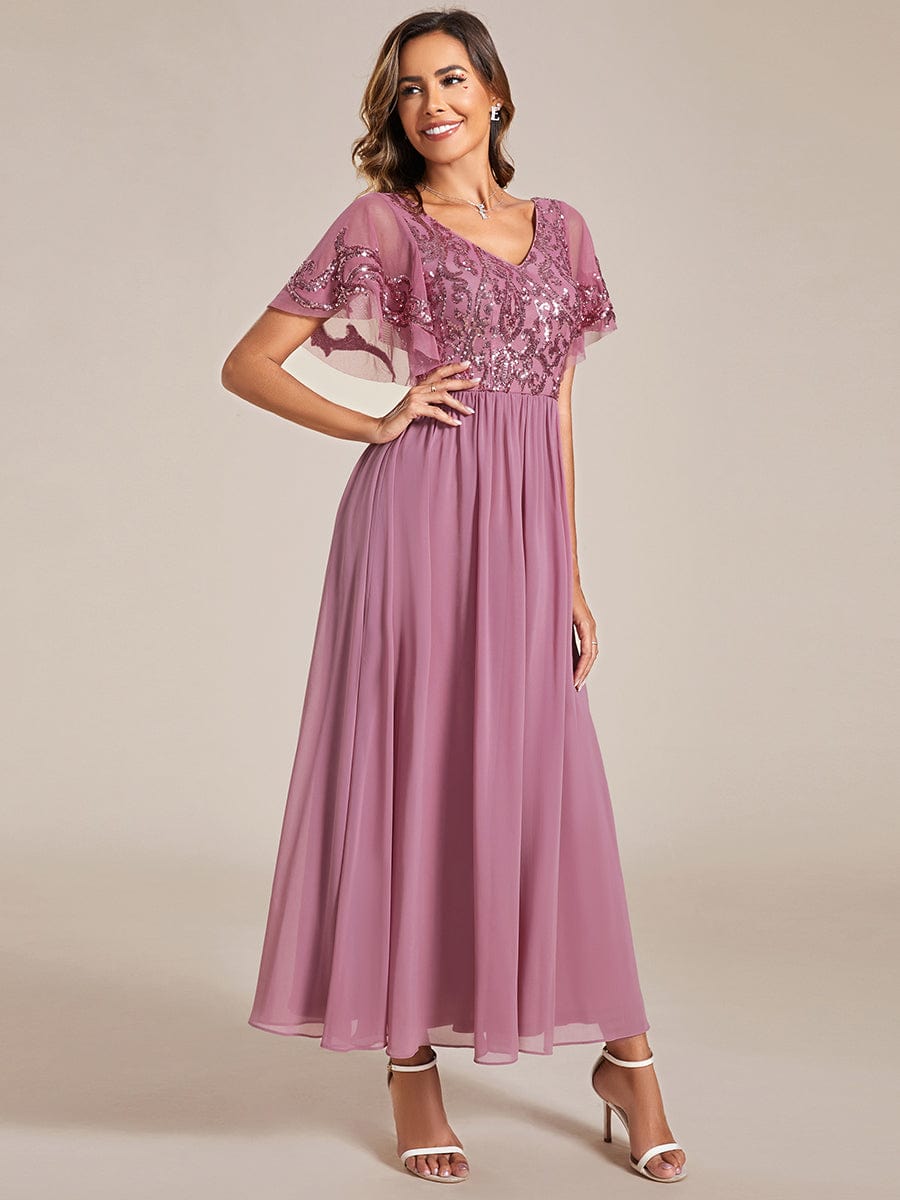 Elegant A-Line V Neck Mother of the Bride Dress with Short Ruffles Sleeves