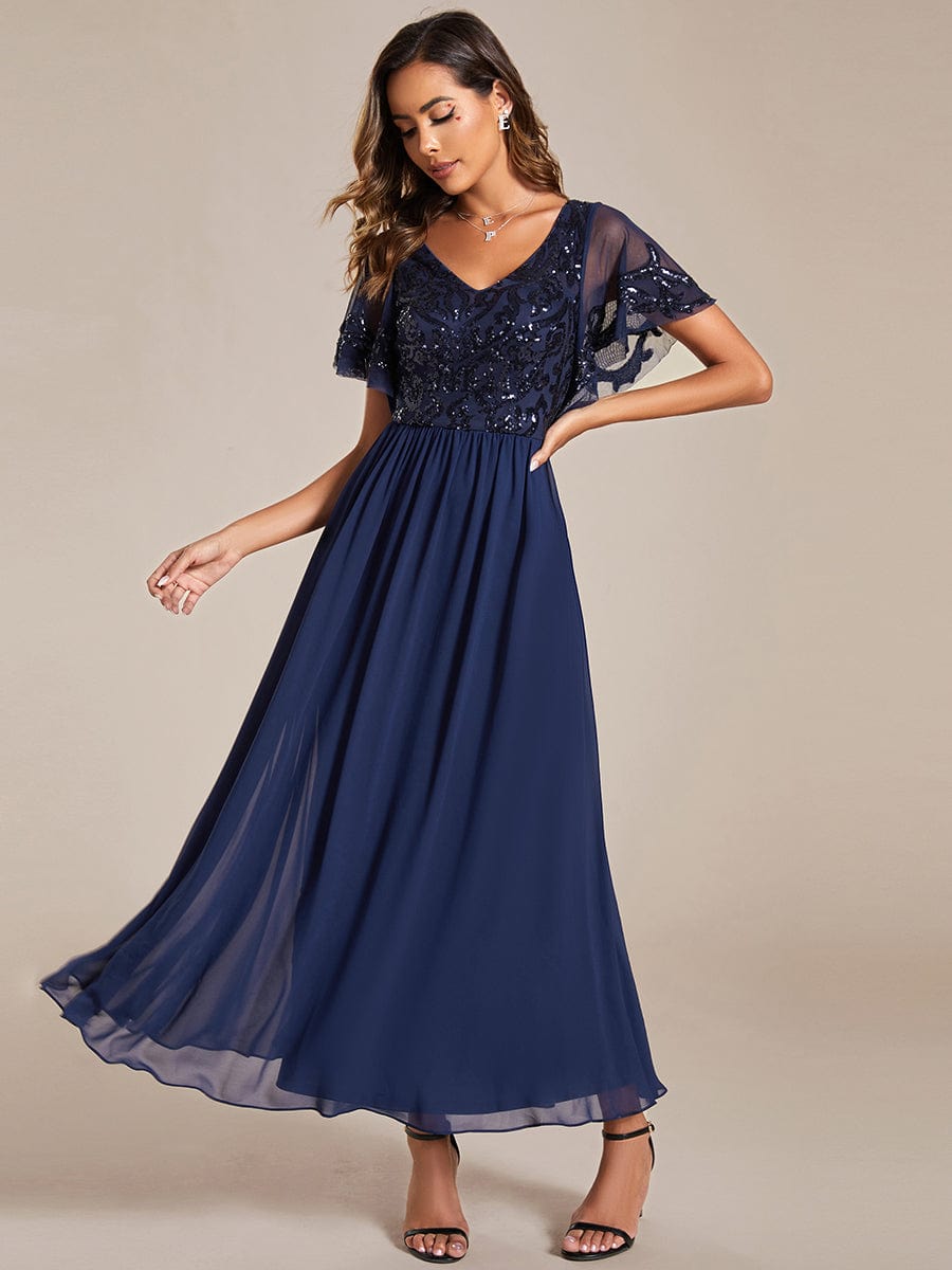 Elegant A-Line V Neck Mother of the Bride Dress with Short Ruffles Sleeves