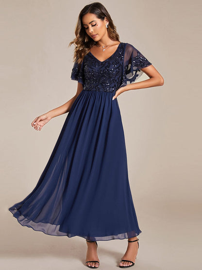 Elegant A-Line V Neck Mother of the Bride Dress with Short Ruffles Sleeves