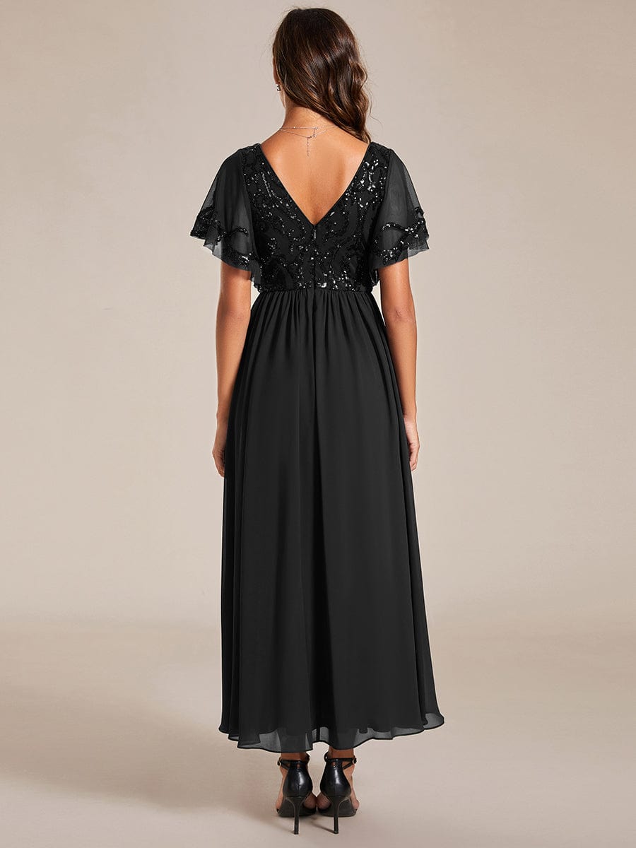 Elegant A-Line V Neck Mother of the Bride Dress with Short Ruffles Sleeves