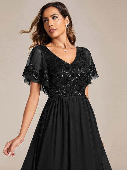 Elegant A-Line V Neck Mother of the Bride Dress with Short Ruffles Sleeves