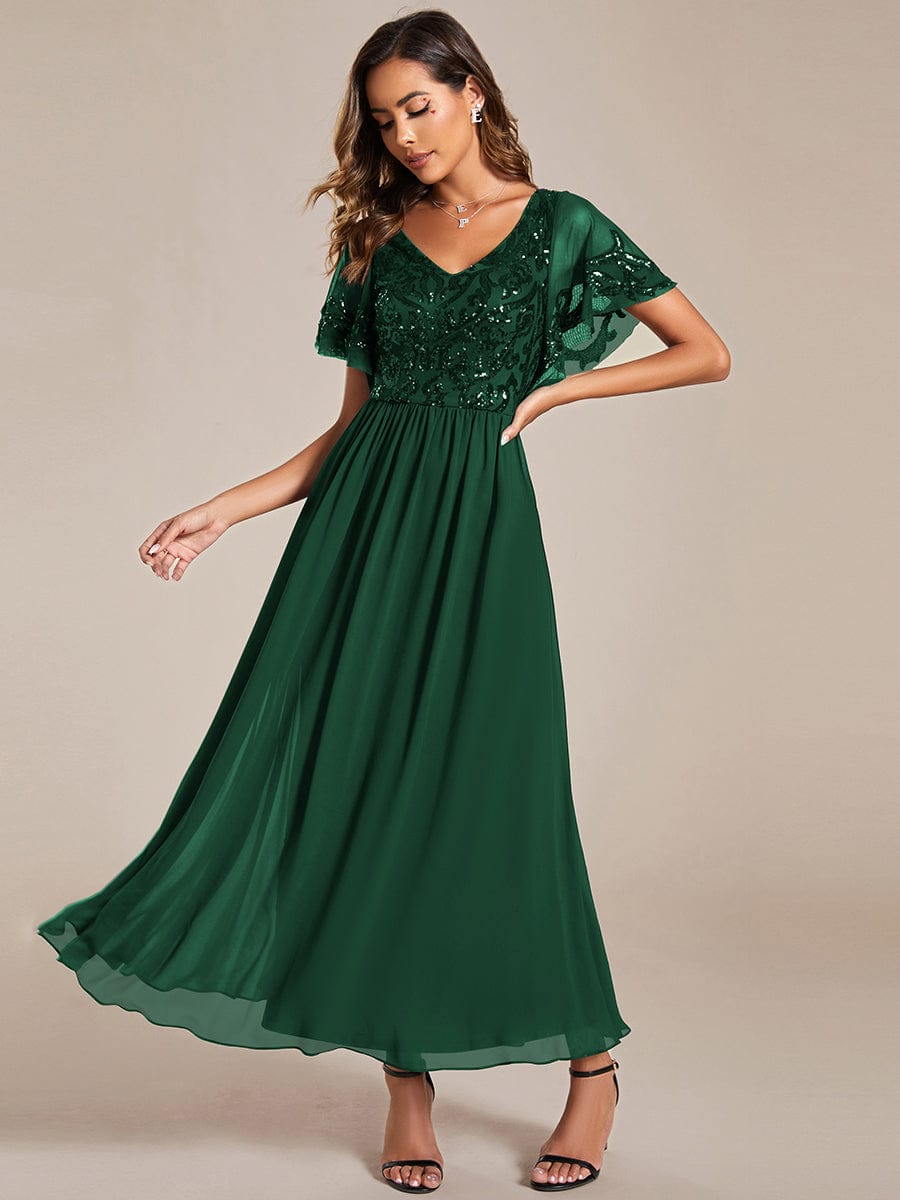 Elegant A-Line V Neck Mother of the Bride Dress with Short Ruffles Sleeves
