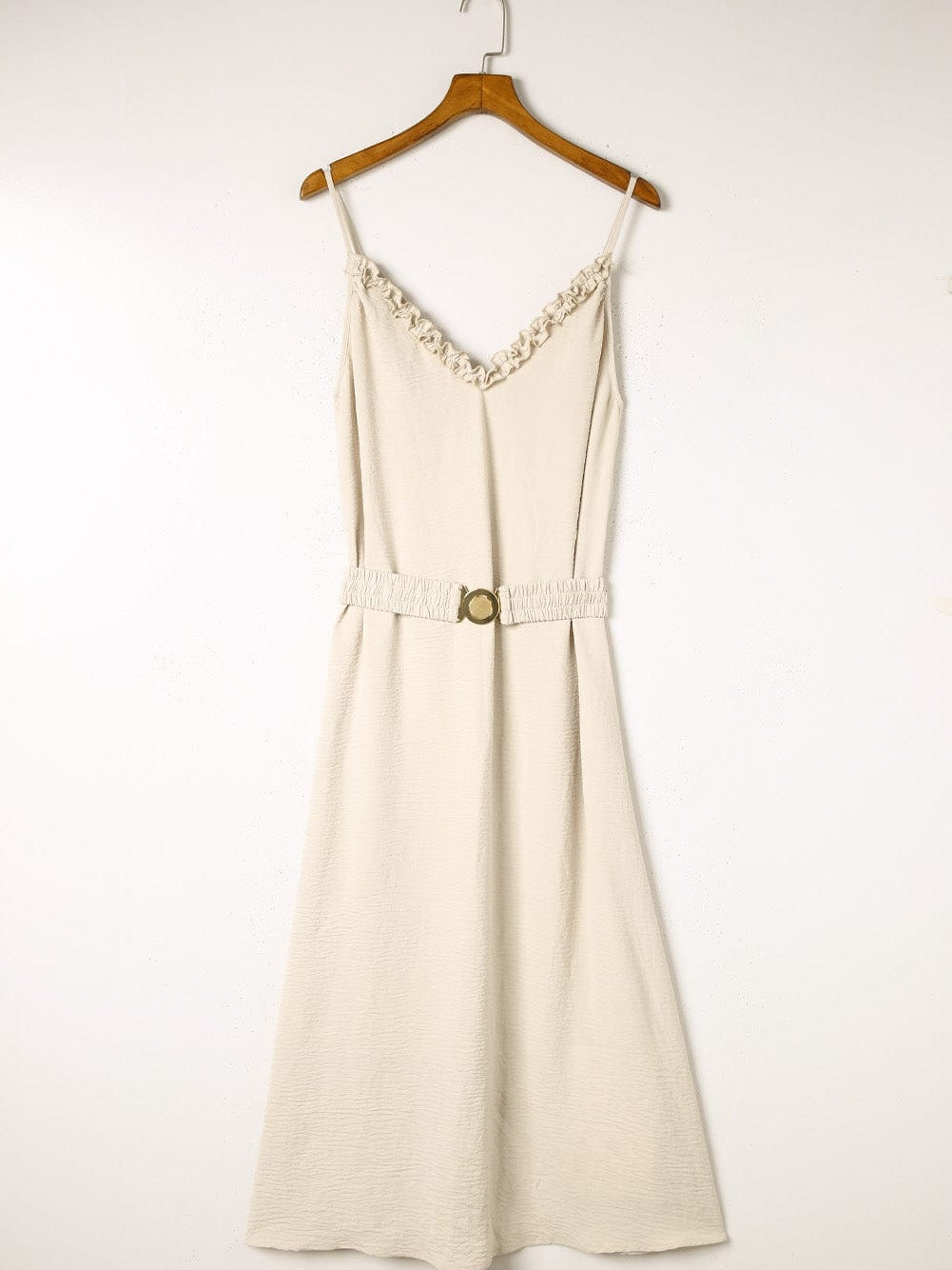 Elegant Apricot Maxi Dress with V-Neckline and Elastic Belt