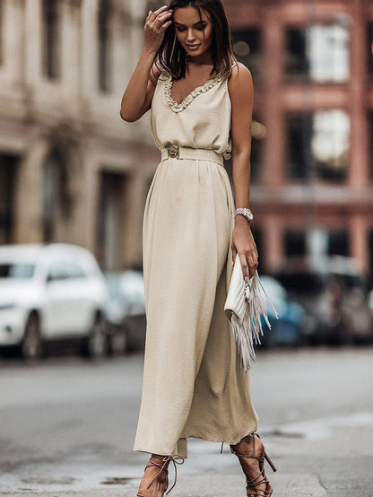 Elegant Apricot Maxi Dress with V-Neckline and Elastic Belt