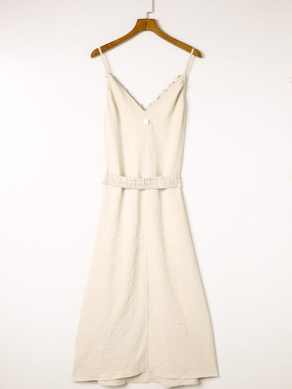 Elegant Apricot Maxi Dress with V-Neckline and Elastic Belt