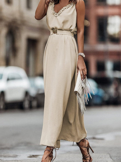 Elegant Apricot Maxi Dress with V-Neckline and Elastic Belt