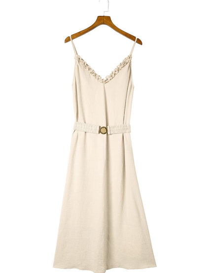 Elegant Apricot Maxi Dress with V-Neckline and Elastic Belt
