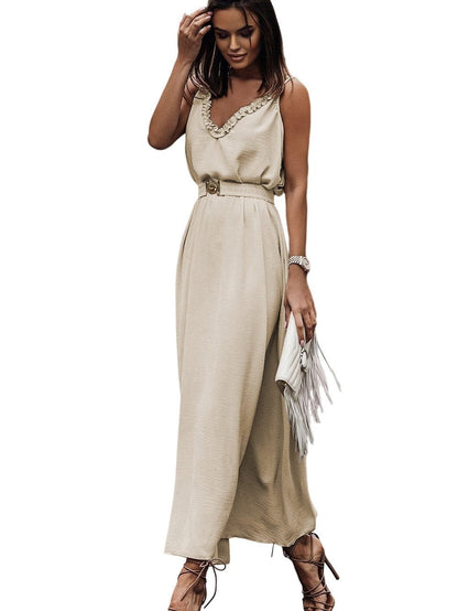 Elegant Apricot Maxi Dress with V-Neckline and Elastic Belt