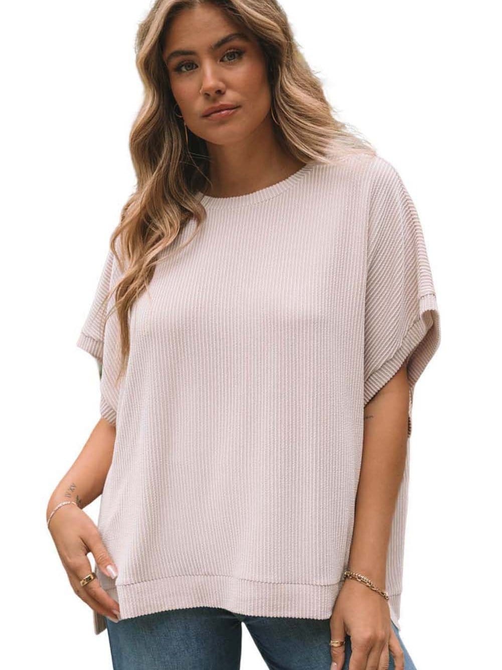 Elegant Apricot Oversized Ribbed Tunic with Batwing Sleeves