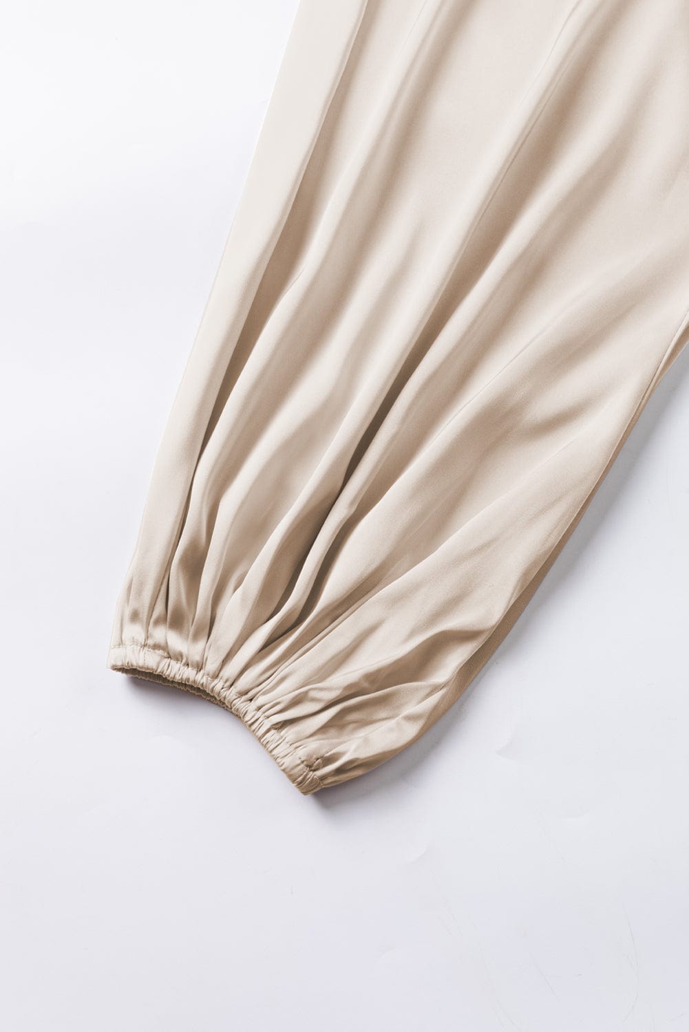 Elegant Apricot Satin Blouse with Asymmetrical Neck & Balloon Sleeves