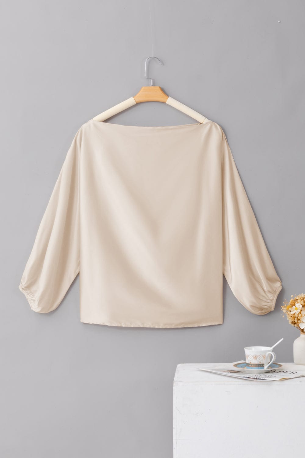 Elegant Apricot Satin Blouse with Asymmetrical Neck & Balloon Sleeves