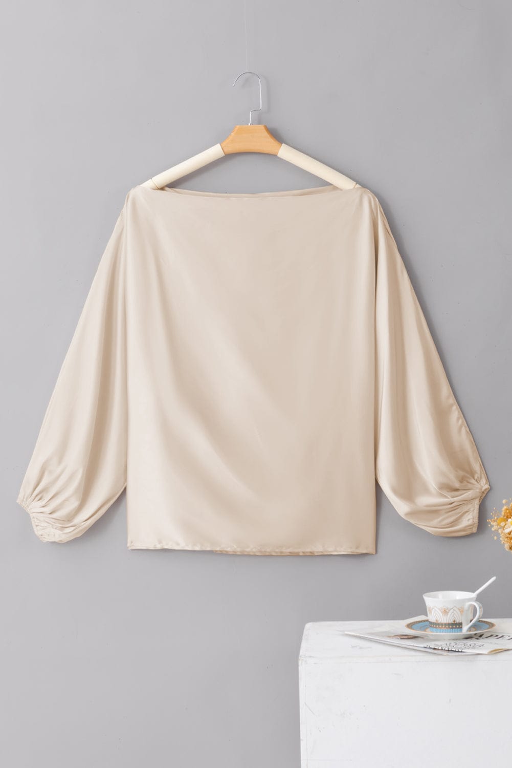 Elegant Apricot Satin Blouse with Asymmetrical Neck & Balloon Sleeves