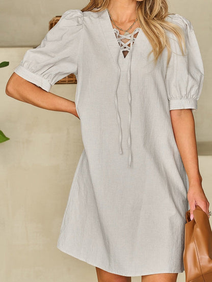 Elegant Beige Bubble Sleeve V-Neck Short Shift Dress