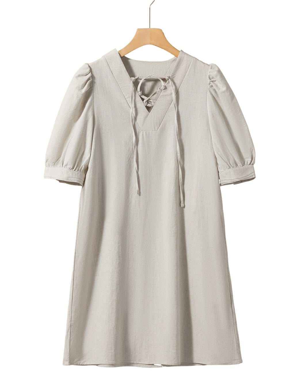 Elegant Beige Bubble Sleeve V-Neck Short Shift Dress