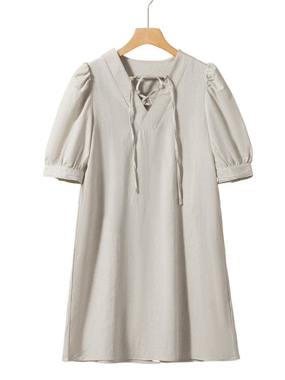 Elegant Beige Bubble Sleeve V-Neck Short Shift Dress