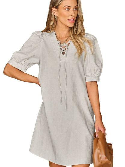 Elegant Beige Bubble Sleeve V-Neck Short Shift Dress