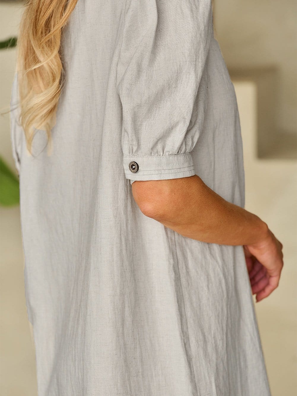 Elegant Beige Bubble Sleeve V-Neck Short Shift Dress