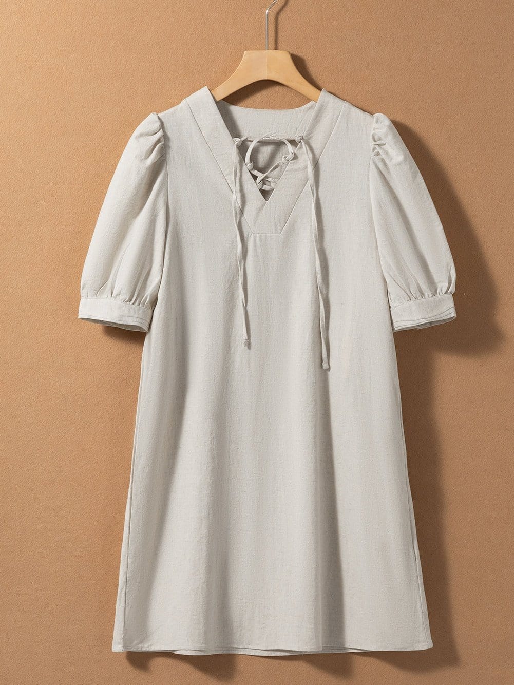 Elegant Beige Bubble Sleeve V-Neck Short Shift Dress