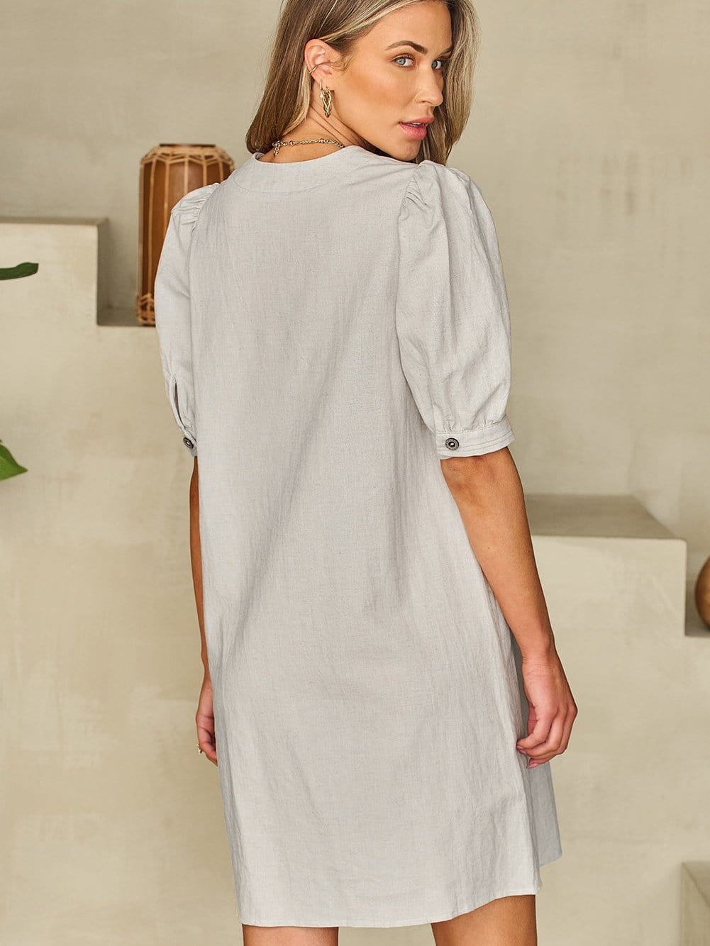 Elegant Beige Bubble Sleeve V-Neck Short Shift Dress