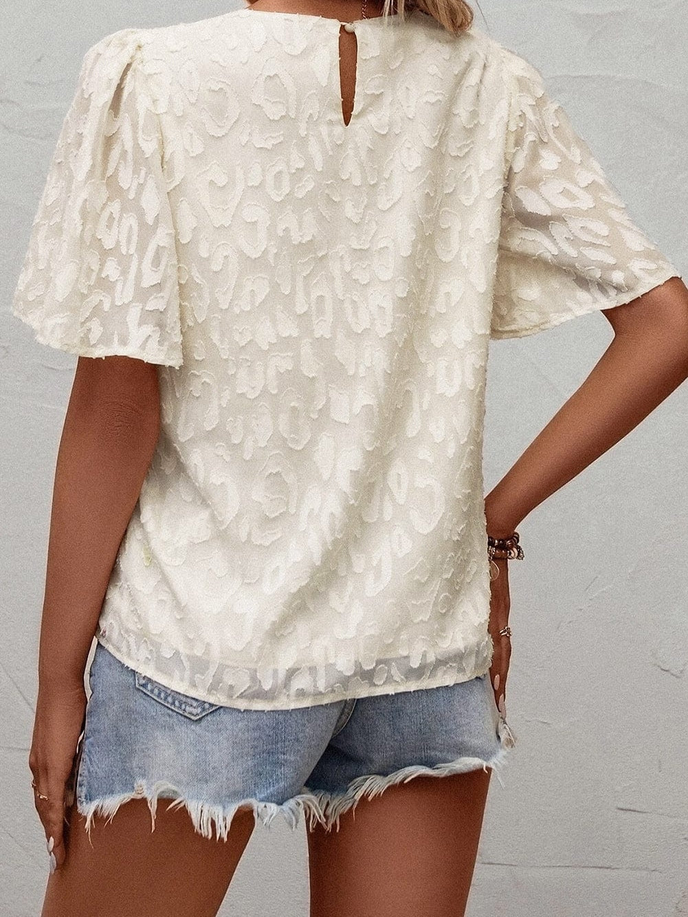 Elegant Beige Jacquard Blouse with Butterfly Sleeves