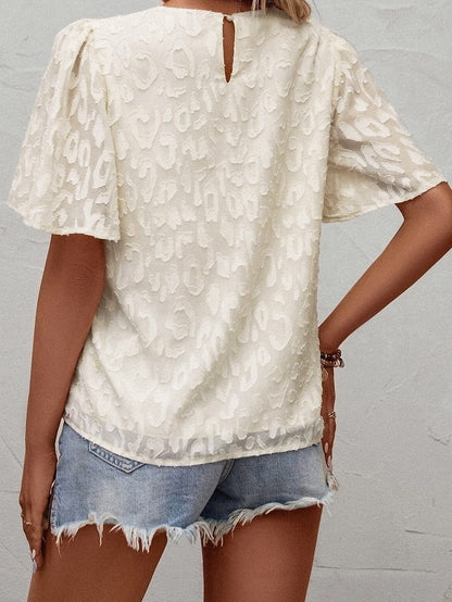 Elegant Beige Jacquard Blouse with Butterfly Sleeves