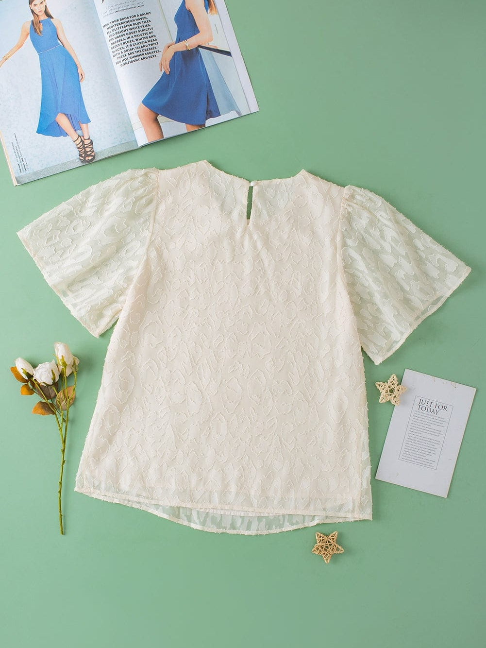 Elegant Beige Jacquard Blouse with Butterfly Sleeves