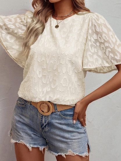 Elegant Beige Jacquard Blouse with Butterfly Sleeves